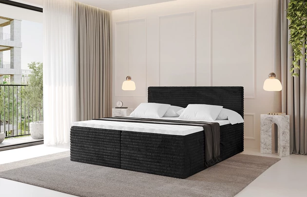 Bezug: Cord, Farbe: Schwarz - Tilia 100, Stoffbeschreibung: Polsterstoff Cord: angenehma Polsterstoff mit Kordstruktur (90-100 000 Martindale-Zyklen) und leicht zu reinigender Möbellstoff, pillingarm (4-5), aus 100%PES, 420 g/m2 ±5 %, Zimmer: Schlafzimmer, Länge: 207 cm, Breite: 140 cm, Höhe: 105 cm, Größe: 140x200 cm, Länge der Schlaffläche: 200 cm, Breite der Schlaffläche: 140 cm, Liegehöhe: 55 cm, Härtegrad der Matratze: H3, Höhe der Matratze: 20 cm, Matratze: Bonellfederung, Farbe des Toppers: Weiß, Höhe des Toppers: 5 cm, Material des Toppers: Schaumstoff, Bettkasten: Ja, Anzahl der Bettkasten: 2, Höhe der Bettkasten: 30 cm, Höhe des Kopfteils: 105 cm, Dicke des Kopfteils: 8 cm, Gepolsterte Rückseite: Nein - 1