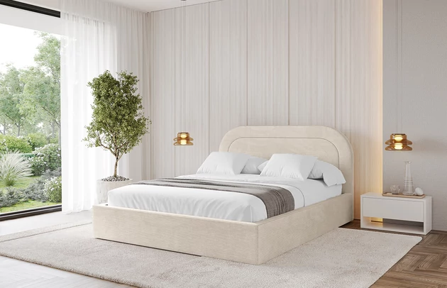 Bezug: Cord, Farbe: Beige - Poso 105, Stoffbeschreibung: POSO ist ein angenehm anzufühlender Velours mit Kordstruktur (35000 MartindaleZyklen) und leicht zu reinigender Möbellstoff, lichtecht (5) und pillingarm (5), Gewicht 380 g/m2 ±5%, Zimmer: Schlafzimmer, Länge: 218 cm, Breite: 176 cm, Höhe: 110 cm, Größe: 160x200 cm, Länge der Schlaffläche: 200 cm, Breite der Schlaffläche: 160 cm, Liegehöhe: 48 cm, Matratze: Mit H3 / H4 Taschenfederkern Matratze, Höhe der Matratze: 25 cm, Matratzentyp: Taschenfederkernmatratze, Bettkasten: Ja, Anzahl der Bettkasten: 1, Höhe der Bettkasten: 30 cm, Höhe des Kopfteils: 110 cm, Dicke des Kopfteils: 8 cm, Gepolsterte Rückseite: Nein - 1