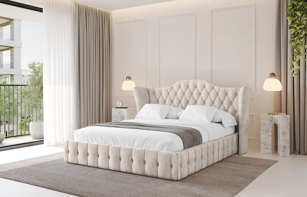 Bezug: Velvet, Farbe: Beige - Casablanca 2301, Stoffbeschreibung: Polsterstoff Casablanca: „Pet-friendly“, leicht zu reinigen (CleanBOO+), wasserabweisend mit Lotuseffekt, scheuerfest (45.000 Martindale- Zyklen), Gewicht 310g/m2 ±5 %, Zimmer: Schlafzimmer, Länge: 215 cm, Breite: 136 cm, Höhe: 105 cm, Größe: 120x200 cm, Länge der Schlaffläche: 200 cm, Breite der Schlaffläche: 120 cm, Liegehöhe: 48 cm, Matratze: Mit H3 / H4 Taschenfederkern Matratze, Höhe der Matratze: 25 cm, Matratzentyp: Taschenfederkernmatratze, Bettkasten: Ja, Anzahl der Bettkasten: 1, Höhe der Bettkasten: 30 cm, Höhe des Kopfteils: 105 cm, Dicke des Kopfteils: 8 cm, Gepolsterte Rückseite: Nein - 1