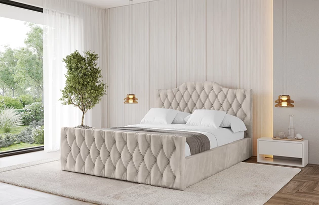 Bezug: Velvet, Farbe: Beige - Casablanca 2301, Stoffbeschreibung: Polsterstoff Casablanca: „Pet-friendly“, leicht zu reinigen (CleanBOO+), wasserabweisend mit Lotuseffekt, scheuerfest (45.000 Martindale- Zyklen), Gewicht 310g/m2 ±5 %, Zimmer: Schlafzimmer, Länge: 222 cm, Breite: 136 cm, Höhe: 105 cm, Größe: 120x200 cm, Länge der Schlaffläche: 200 cm, Breite der Schlaffläche: 120 cm, Liegehöhe: 48 cm, Matratze: Mit H3 / H4 Taschenfederkern Matratze, Höhe der Matratze: 25 cm, Matratzentyp: Taschenfederkernmatratze, Bettkasten: Ja, Anzahl der Bettkasten: 1, Höhe der Bettkasten: 30 cm, Höhe des Kopfteils: 105 cm, Dicke des Kopfteils: 8 cm, Dicke des Fußteils: 7 cm, Gepolsterte Rückseite: Nein - 1