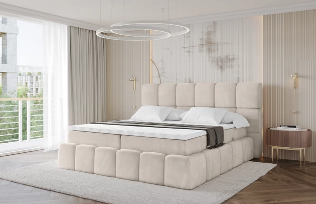 Material: Holz, Bezug: Samt, Farbe: Beige - Casablanca 2301, Stoffbeschreibung: Polsterstoff Casablanca: „Pet-friendly“, leicht zu reinigen (CleanBOO+), wasserabweisend mit Lotuseffekt, scheuerfest (45.000 Martindale- Zyklen), Gewicht 310g/m2 ±5 %, Zimmer: Schlafzimmer, Länge: 238 cm, Breite: 140 cm, Höhe: 113 cm, Größe: 140x200 cm, Länge der Schlaffläche: 200 cm, Breite der Schlaffläche: 140 cm, Liegehöhe: 54 cm, Härtegrad der Matratze: H3, Matratze: Bonellfederung, Farbe des Toppers: Weiß, Höhe des Toppers: 5 cm, Material des Toppers: Schaumstoff, Bettkasten: Ja, Anzahl der Bettkasten: 2, Höhe des Kopfteils: 113 cm, Material der Füße: Plastik, Höhe der Füße: 2 cm, Gepolsterte Rückseite: Nein, Stil: Modern - 1