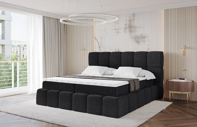 Material: Holz, Bezug: Flechtstoff, Farbe: Schwarz - Aragon 99, Stoffbeschreibung: polsterstoff-aragon-hochwertige-und-elegante-strukturweich-und-angenehm-im-griffscheuerfest-45-000-60000-zyklen-gewicht-von-340-g-m2reibungswiderstand-4-5, Zimmer: Schlafzimmer, Länge: 238 cm, Breite: 140 cm, Höhe: 113 cm, Größe: 140x200 cm, Länge der Schlaffläche: 200 cm, Breite der Schlaffläche: 140 cm, Liegehöhe: 54 cm, Härtegrad der Matratze: H3, Matratze: Bonellfederung, Farbe des Toppers: Weiß, Höhe des Toppers: 5 cm, Material des Toppers: Schaumstoff, Bettkasten: Ja, Anzahl der Bettkasten: 2, Höhe des Kopfteils: 113 cm, Material der Füße: Plastik, Höhe der Füße: 2 cm, Gepolsterte Rückseite: Nein, Stil: Modern - 1