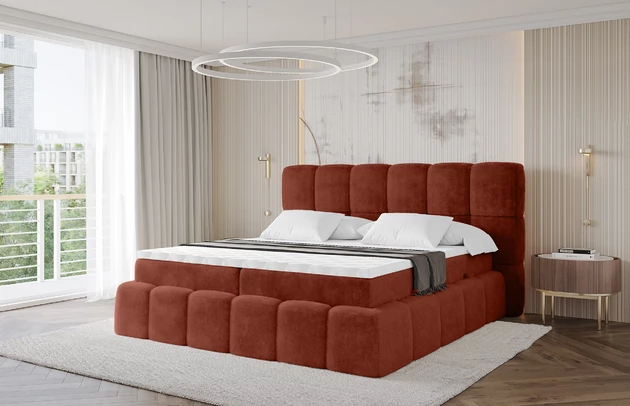 Material: Holz, Bezug: Kunstfell, Farbe: Terrakotta - Lapitt 44, Stoffbeschreibung: Polsterstoff LAPITT: besonders weicher und dichter Stoff von hoher Qualität, Zusammensetzung 100%PES, scheuerfest (60000 Zyklen), Gewicht von 315 g/m2 ± 5% ,Reibungswiderstand 4–11, Zimmer: Schlafzimmer, Länge: 238 cm, Breite: 120 cm, Höhe: 113 cm, Größe: 120x200 cm, Länge der Schlaffläche: 200 cm, Breite der Schlaffläche: 120 cm, Liegehöhe: 54 cm, Härtegrad der Matratze: H3, Matratze: Bonellfederung, Farbe des Toppers: Weiß, Höhe des Toppers: 5 cm, Material des Toppers: Schaumstoff, Bettkasten: Ja, Anzahl der Bettkasten: 2, Höhe des Kopfteils: 113 cm, Material der Füße: Plastik, Höhe der Füße: 2 cm, Gepolsterte Rückseite: Nein, Stil: Modern - 1