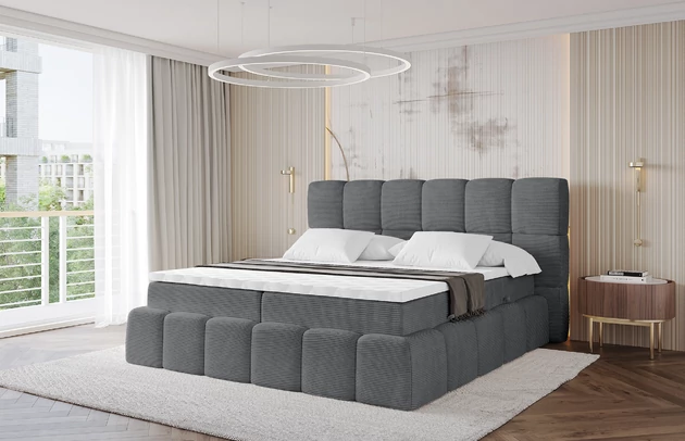 Material: Holz, Bezug: Cord, Farbe: Dunkelgrau - Poso 115, Stoffbeschreibung: POSO ist ein angenehm anzufühlender Velours mit Kordstruktur (35000 MartindaleZyklen) und leicht zu reinigender Möbellstoff, lichtecht (5) und pillingarm (5), Gewicht 380 g/m2 ±5%, Zimmer: Schlafzimmer, Länge: 238 cm, Breite: 120 cm, Höhe: 113 cm, Größe: 120x200 cm, Länge der Schlaffläche: 200 cm, Breite der Schlaffläche: 120 cm, Liegehöhe: 54 cm, Härtegrad der Matratze: H3, Matratze: Bonellfederung, Farbe des Toppers: Weiß, Höhe des Toppers: 5 cm, Material des Toppers: Schaumstoff, Bettkasten: Ja, Anzahl der Bettkasten: 2, Höhe des Kopfteils: 113 cm, Material der Füße: Plastik, Höhe der Füße: 2 cm, Gepolsterte Rückseite: Nein, Stil: Modern - 1