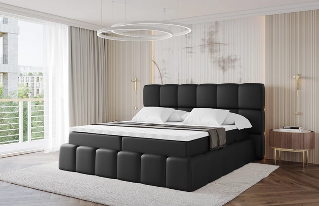 Material: Holz, Bezug: Kunstleder, Farbe: Schwarz - Soft 11, Stoffbeschreibung: Polsterstoff SOFT:Leicht zu reinigendes Lederimitat. scheuerfest (100.000 Martindale-Zyklen). lichtecht (6). reibecht (4-5). 100%PU (Oberseite) + 75%PES mit 25%CO (Unterseite), Zimmer: Schlafzimmer, Länge: 238 cm, Breite: 140 cm, Höhe: 113 cm, Größe: 140x200 cm, Länge der Schlaffläche: 200 cm, Breite der Schlaffläche: 140 cm, Liegehöhe: 54 cm, Härtegrad der Matratze: H3, Matratze: Bonellfederung, Farbe des Toppers: Weiß, Höhe des Toppers: 5 cm, Material des Toppers: Schaumstoff, Bettkasten: Ja, Anzahl der Bettkasten: 2, Höhe des Kopfteils: 113 cm, Material der Füße: Plastik, Höhe der Füße: 2 cm, Gepolsterte Rückseite: Nein, Stil: Modern - 1