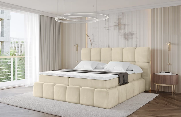 Material: Holz, Bezug: Samt, Farbe: Beige - Monolith 4, Stoffbeschreibung: Polsterstoff Monolith: Wasserabweisender und leicht zu reinigender Möbelstoff, scheuerfest (100.000 Martindale-Zyklen) lichtecht (5) und pillingarm (4-5), aus 100 % PES, Zimmer: Schlafzimmer, Länge: 238 cm, Breite: 140 cm, Höhe: 113 cm, Größe: 140x200 cm, Länge der Schlaffläche: 200 cm, Breite der Schlaffläche: 140 cm, Liegehöhe: 54 cm, Härtegrad der Matratze: H3, Matratze: Bonellfederung, Farbe des Toppers: Weiß, Höhe des Toppers: 5 cm, Material des Toppers: Schaumstoff, Bettkasten: Ja, Anzahl der Bettkasten: 2, Höhe des Kopfteils: 113 cm, Material der Füße: Plastik, Höhe der Füße: 2 cm, Gepolsterte Rückseite: Nein, Stil: Modern - 1