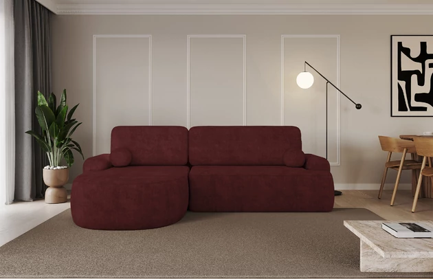 Bezug: Samt, Farbe: Bordeauxrot - Dream Velvet 202.11, Stellvariante: Ottomane Links, Stoffbeschreibung: Polsterstoff Dream Velvet: Wasserabweisender und leicht zu reinigender Möbelstoff, scheuerfest (30.000 Martindale-Zyklen) lichtecht(6), pillingarm(4-5), 100 % PES, 360 g/m2±5%, Materialzusammensetzung: 100% Polyester, Pilling Resistenz: 5, Abriebfestigkeit: 5, Scheuerbeständigkeit: 30000 Martindale-Zyklen, Zimmer: Wohnzimmer, Tiefe: 172 cm, Breite: 264 cm, Höhe: 89 cm, Schlaffunktion: Mit Schlaffunktion, Länge der Schlaffläche: 210 cm, Breite der Schlaffläche: 132-cm, Liegehöhe: 42 cm, Anzahl der Sitzflächen: 3, Sitzfüllung: Wellenfeder + T30-Schaumstoff, Anzahl der Rückenkissen: 2, Art der Rückenkissen: Abnehmabr, Annzahl der Sitzkissen: 2, Anzahl der Zierkissen: 2, Material der Füße: Kunststoff, Höhe der Füße: 2 cm, Farbe der Füße: Schwarz, Breite der Ottomane: 107 cm, Tiefe der Ottomane: 128 cm, Tiefe der Sitzfläche: 57 cm, Sitzhöhe: 42 cm, Art des Stauraumes: Innenfach geschlossen - 1