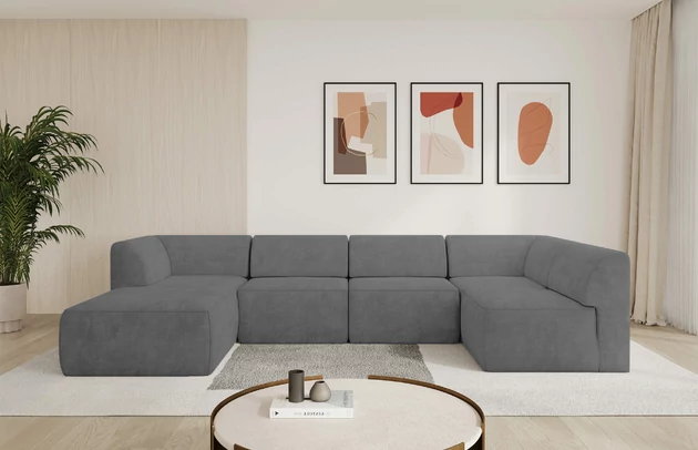 Bezug: Samt, Farbe: Grau - Dream Velvet 202.17, Stellvariante: Ottomane Links, Stoffbeschreibung: Polsterstoff Dream Velvet: Wasserabweisender und leicht zu reinigender Möbelstoff, scheuerfest (30.000 Martindale-Zyklen) lichtecht(6), pillingarm(4-5), 100 % PES, 360 g/m2±5%, Materialzusammensetzung: 100% Polyester, Pilling Resistenz: 5, Abriebfestigkeit: 5, Scheuerbeständigkeit: 30000 Martindale-Zyklen, Zimmer: Wohnzimmer, Tiefe: 180 cm, Breite: 345 cm, Höhe: 78 cm, Anzahl der Sitzflächen: 6, Sitzfüllung: Schaum HR35 20 cm, Art der Rückenkissen: Rückenlehne - feste, Annzahl der Sitzkissen: 5, Material der Füße: Kunststoff, Höhe der Füße: 4 cm, Breite der Ottomane: 106 cm, Tiefe der Ottomane: 156 cm, Tiefe der Sitzfläche: 60 cm, Sitzhöhe: 40 cm - 1