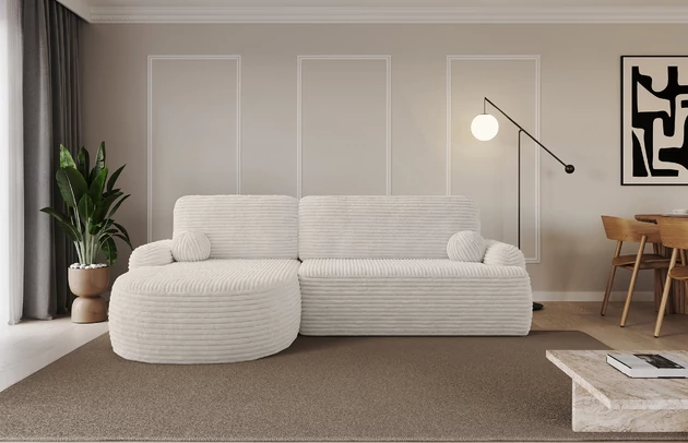 Bezug: Cord, Farbe: Creme - Tilia 01, Stellvariante: Ottomane Links, Stoffbeschreibung: Polsterstoff Cord: angenehma Polsterstoff mit Kordstruktur (90-100 000 Martindale-Zyklen) und leicht zu reinigender Möbellstoff, pillingarm (4-5), aus 100%PES, 420 g/m2 ±5 %, Materialzusammensetzung: 100% Polyester, Pilling Resistenz: 4, Abriebfestigkeit: 5, Scheuerbeständigkeit: 100000 Martindale-Zyklen, Zimmer: Wohnzimmer, Tiefe: 172 cm, Breite: 264 cm, Höhe: 89 cm, Schlaffunktion: Mit Schlaffunktion, Länge der Schlaffläche: 210 cm, Breite der Schlaffläche: 132-cm, Liegehöhe: 42 cm, Anzahl der Sitzflächen: 3, Sitzfüllung: Wellenfeder + T30-Schaumstoff, Anzahl der Rückenkissen: 2, Art der Rückenkissen: Abnehmabr, Annzahl der Sitzkissen: 2, Anzahl der Zierkissen: 2, Material der Füße: Kunststoff, Höhe der Füße: 2 cm, Farbe der Füße: Schwarz, Breite der Ottomane: 107 cm, Tiefe der Ottomane: 128 cm, Tiefe der Sitzfläche: 57 cm, Sitzhöhe: 42 cm, Art des Stauraumes: Innenfach geschlossen - 1