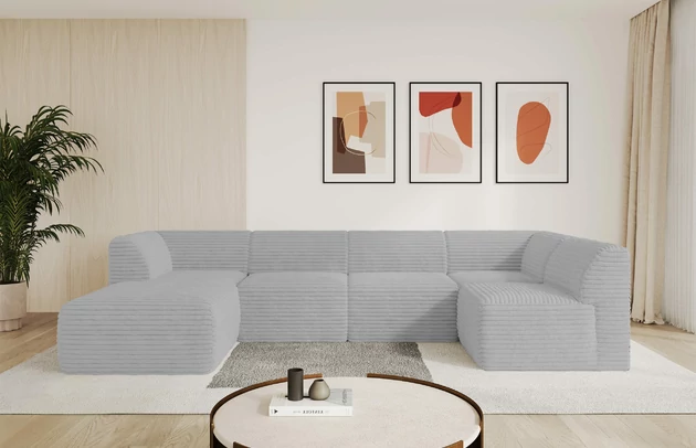 Bezug: Cord, Farbe: Grau - Tilia 86, Stellvariante: Ottomane Links, Stoffbeschreibung: Polsterstoff Cord: angenehma Polsterstoff mit Kordstruktur (90-100 000 Martindale-Zyklen) und leicht zu reinigender Möbellstoff, pillingarm (4-5), aus 100%PES, 420 g/m2 ±5 %, Materialzusammensetzung: 100% Polyester, Pilling Resistenz: 4, Abriebfestigkeit: 5, Scheuerbeständigkeit: 100000 Martindale-Zyklen, Zimmer: Wohnzimmer, Tiefe: 180 cm, Breite: 345 cm, Höhe: 78 cm, Anzahl der Sitzflächen: 6, Sitzfüllung: Schaum HR35 20 cm, Art der Rückenkissen: Rückenlehne - feste, Annzahl der Sitzkissen: 5, Material der Füße: Kunststoff, Höhe der Füße: 4 cm, Breite der Ottomane: 106 cm, Tiefe der Ottomane: 156 cm, Tiefe der Sitzfläche: 60 cm, Sitzhöhe: 40 cm - 1