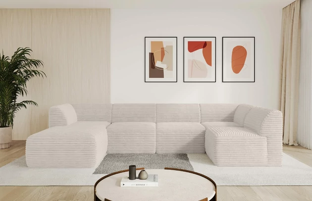 Bezug: Cord, Farbe: Creme - Tilia 01, Stellvariante: Ottomane Links, Stoffbeschreibung: Polsterstoff Cord: angenehma Polsterstoff mit Kordstruktur (90-100 000 Martindale-Zyklen) und leicht zu reinigender Möbellstoff, pillingarm (4-5), aus 100%PES, 420 g/m2 ±5 %, Materialzusammensetzung: 100% Polyester, Pilling Resistenz: 4, Abriebfestigkeit: 5, Scheuerbeständigkeit: 100000 Martindale-Zyklen, Zimmer: Wohnzimmer, Tiefe: 180 cm, Breite: 345 cm, Höhe: 78 cm, Anzahl der Sitzflächen: 6, Sitzfüllung: Schaum HR35 20 cm, Art der Rückenkissen: Rückenlehne - feste, Annzahl der Sitzkissen: 5, Material der Füße: Kunststoff, Höhe der Füße: 4 cm, Breite der Ottomane: 106 cm, Tiefe der Ottomane: 156 cm, Tiefe der Sitzfläche: 60 cm, Sitzhöhe: 40 cm - 1