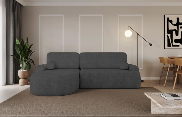 Bezug: Samt, Farbe: Dunkelgrau - Dream Velvet 202.13, Stellvariante: Ottomane Links, Stoffbeschreibung: Polsterstoff Dream Velvet: Wasserabweisender und leicht zu reinigender Möbelstoff, scheuerfest (30.000 Martindale-Zyklen) lichtecht(6), pillingarm(4-5), 100 % PES, 360 g/m2±5%, Materialzusammensetzung: 100% Polyester, Pilling Resistenz: 5, Abriebfestigkeit: 5, Scheuerbeständigkeit: 30000 Martindale-Zyklen, Zimmer: Wohnzimmer, Tiefe: 172 cm, Breite: 264 cm, Höhe: 89 cm, Schlaffunktion: Mit Schlaffunktion, Länge der Schlaffläche: 210 cm, Breite der Schlaffläche: 132-cm, Liegehöhe: 42 cm, Anzahl der Sitzflächen: 3, Sitzfüllung: Wellenfeder + T30-Schaumstoff, Anzahl der Rückenkissen: 2, Art der Rückenkissen: Abnehmabr, Annzahl der Sitzkissen: 2, Anzahl der Zierkissen: 2, Material der Füße: Kunststoff, Höhe der Füße: 2 cm, Farbe der Füße: Schwarz, Breite der Ottomane: 107 cm, Tiefe der Ottomane: 128 cm, Tiefe der Sitzfläche: 57 cm, Sitzhöhe: 42 cm, Art des Stauraumes: Innenfach geschlossen - 1