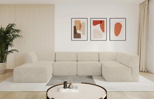 Bezug: Samt, Farbe: Beige - Dream Velvet 202.02, Stellvariante: Ottomane Links, Stoffbeschreibung: Polsterstoff Dream Velvet: Wasserabweisender und leicht zu reinigender Möbelstoff, scheuerfest (30.000 Martindale-Zyklen) lichtecht(6), pillingarm(4-5), 100 % PES, 360 g/m2±5%, Materialzusammensetzung: 100% Polyester, Pilling Resistenz: 5, Abriebfestigkeit: 5, Scheuerbeständigkeit: 30000 Martindale-Zyklen, Zimmer: Wohnzimmer, Tiefe: 180 cm, Breite: 345 cm, Höhe: 78 cm, Anzahl der Sitzflächen: 6, Sitzfüllung: Schaum HR35 20 cm, Art der Rückenkissen: Rückenlehne - feste, Annzahl der Sitzkissen: 5, Material der Füße: Kunststoff, Höhe der Füße: 4 cm, Breite der Ottomane: 106 cm, Tiefe der Ottomane: 156 cm, Tiefe der Sitzfläche: 60 cm, Sitzhöhe: 40 cm - 1