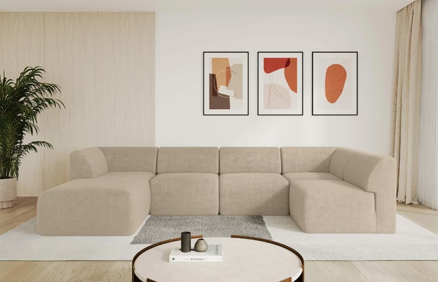 Bezug: Kunstfell, Farbe: Beige - Lapitt 29, Stellvariante: Ottomane Links, Stoffbeschreibung: Polsterstoff LAPITT: besonders weicher und dichter Stoff von hoher Qualität, Zusammensetzung 100%PES, scheuerfest (60000 Zyklen), Gewicht von 315 g/m2 ± 5% ,Reibungswiderstand 4–5, Materialzusammensetzung: 100% Polyester, Pilling Resistenz: 4, Abriebfestigkeit: 5, Scheuerbeständigkeit: 60000 Martindale-Zyklen, Zimmer: Wohnzimmer, Tiefe: 180 cm, Breite: 345 cm, Höhe: 78 cm, Anzahl der Sitzflächen: 6, Sitzfüllung: Schaum HR35 20 cm, Art der Rückenkissen: Rückenlehne - feste, Annzahl der Sitzkissen: 5, Material der Füße: Kunststoff, Höhe der Füße: 4 cm, Breite der Ottomane: 106 cm, Tiefe der Ottomane: 156 cm, Tiefe der Sitzfläche: 60 cm, Sitzhöhe: 40 cm - 1