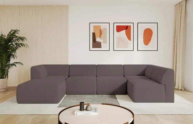 Bezug: Bouclé, Farbe: Braun - Quelle 20, Stellvariante: Ottomane Links, Stoffbeschreibung: polsterstoff-quelle-hochwertiger-boucle-stoff-strapazierfahig-atmungsaktiv-und-pflegeleicht-80-000-martindale-zyklen-100-pes-pillingarm4-5-gewicht-315-g-m2-±5, Materialzusammensetzung: 100% Polyester, Pilling Resistenz: 5, Abriebfestigkeit: 4, Scheuerbeständigkeit: 80000 Martindale-Zyklen, Zimmer: Wohnzimmer, Tiefe: 180 cm, Breite: 345 cm, Höhe: 78 cm, Anzahl der Sitzflächen: 6, Sitzfüllung: Schaum HR35 20 cm, Art der Rückenkissen: Rückenlehne - feste, Annzahl der Sitzkissen: 5, Material der Füße: Kunststoff, Höhe der Füße: 4 cm, Breite der Ottomane: 106 cm, Tiefe der Ottomane: 156 cm, Tiefe der Sitzfläche: 60 cm, Sitzhöhe: 40 cm - 1