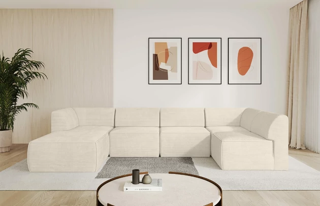 Bezug: Cord, Farbe: Beige - Poso 105, Stellvariante: Ottomane Links, Stoffbeschreibung: POSO ist ein angenehm anzufühlender Velours mit Kordstruktur (35000 MartindaleZyklen) und leicht zu reinigender Möbellstoff, lichtecht (5) und pillingarm (5), Gewicht 380 g/m2 ±5%, Materialzusammensetzung: 100% Polyester, Pilling Resistenz: 5, Abriebfestigkeit: 4, Scheuerbeständigkeit: 30000 Martindale-Zyklen, Zimmer: Wohnzimmer, Tiefe: 180 cm, Breite: 345 cm, Höhe: 78 cm, Anzahl der Sitzflächen: 6, Sitzfüllung: Schaum HR35 20 cm, Art der Rückenkissen: Rückenlehne - feste, Annzahl der Sitzkissen: 5, Material der Füße: Kunststoff, Höhe der Füße: 4 cm, Breite der Ottomane: 106 cm, Tiefe der Ottomane: 156 cm, Tiefe der Sitzfläche: 60 cm, Sitzhöhe: 40 cm - 1