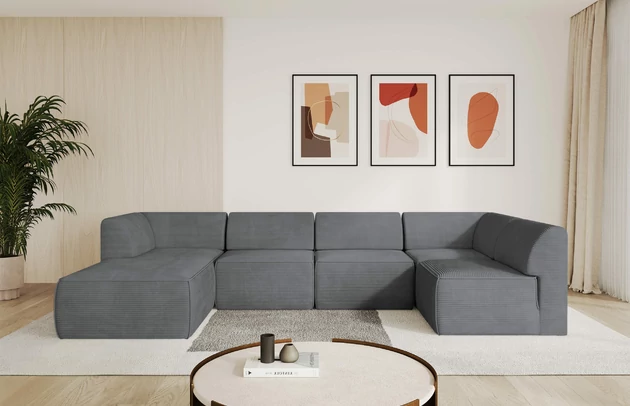 Bezug: Cord, Farbe: Duneklgrau - Poso 115, Stellvariante: Ottomane Links, Stoffbeschreibung: POSO ist ein angenehm anzufühlender Velours mit Kordstruktur (35000 MartindaleZyklen) und leicht zu reinigender Möbellstoff, lichtecht (5) und pillingarm (5), Gewicht 380 g/m2 ±5%, Materialzusammensetzung: 100% Polyester, Pilling Resistenz: 5, Abriebfestigkeit: 4, Scheuerbeständigkeit: 30000 Martindale-Zyklen, Zimmer: Wohnzimmer, Tiefe: 180 cm, Breite: 345 cm, Höhe: 78 cm, Anzahl der Sitzflächen: 6, Sitzfüllung: Schaum HR35 20 cm, Art der Rückenkissen: Rückenlehne - feste, Annzahl der Sitzkissen: 5, Material der Füße: Kunststoff, Höhe der Füße: 4 cm, Breite der Ottomane: 106 cm, Tiefe der Ottomane: 156 cm, Tiefe der Sitzfläche: 60 cm, Sitzhöhe: 40 cm - 1