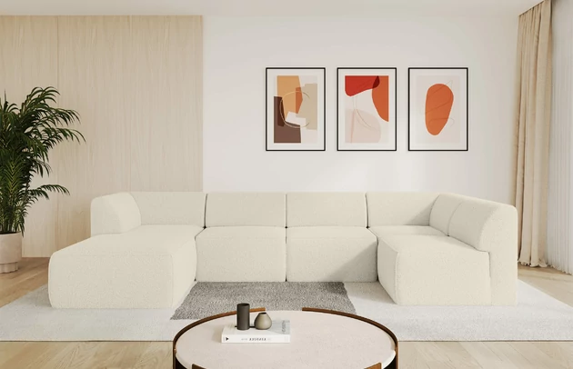 Bezug: Bouclé, Farbe: Beige - Quelle 02, Stellvariante: Ottomane Links, Stoffbeschreibung: polsterstoff-quelle-hochwertiger-boucle-stoff-strapazierfahig-atmungsaktiv-und-pflegeleicht-80-000-martindale-zyklen-100-pes-pillingarm4-5-gewicht-315-g-m2-±5, Materialzusammensetzung: 100% Polyester, Pilling Resistenz: 5, Abriebfestigkeit: 4, Scheuerbeständigkeit: 80000 Martindale-Zyklen, Zimmer: Wohnzimmer, Tiefe: 180 cm, Breite: 345 cm, Höhe: 78 cm, Anzahl der Sitzflächen: 6, Sitzfüllung: Schaum HR35 20 cm, Art der Rückenkissen: Rückenlehne - feste, Annzahl der Sitzkissen: 5, Material der Füße: Kunststoff, Höhe der Füße: 4 cm, Breite der Ottomane: 106 cm, Tiefe der Ottomane: 156 cm, Tiefe der Sitzfläche: 60 cm, Sitzhöhe: 40 cm - 1