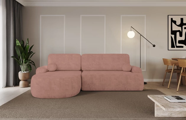 Bezug: Samt, Farbe: Apricot - Dream Velvet 202.07, Stellvariante: Ottomane Links, Stoffbeschreibung: Polsterstoff Dream Velvet: Wasserabweisender und leicht zu reinigender Möbelstoff, scheuerfest (30.000 Martindale-Zyklen) lichtecht(6), pillingarm(4-5), 100 % PES, 360 g/m2±5%, Materialzusammensetzung: 100% Polyester, Pilling Resistenz: 5, Abriebfestigkeit: 5, Scheuerbeständigkeit: 30000 Martindale-Zyklen, Zimmer: Wohnzimmer, Tiefe: 172 cm, Breite: 264 cm, Höhe: 89 cm, Schlaffunktion: Mit Schlaffunktion, Länge der Schlaffläche: 210 cm, Breite der Schlaffläche: 132-cm, Liegehöhe: 42 cm, Anzahl der Sitzflächen: 3, Sitzfüllung: Wellenfeder + T30-Schaumstoff, Anzahl der Rückenkissen: 2, Art der Rückenkissen: Abnehmabr, Annzahl der Sitzkissen: 2, Anzahl der Zierkissen: 2, Material der Füße: Kunststoff, Höhe der Füße: 2 cm, Farbe der Füße: Schwarz, Breite der Ottomane: 107 cm, Tiefe der Ottomane: 128 cm, Tiefe der Sitzfläche: 57 cm, Sitzhöhe: 42 cm, Art des Stauraumes: Innenfach geschlossen - 1