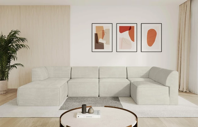 Bezug: Cord, Farbe: Cremeweiß - Poso 100, Stellvariante: Ottomane Links, Stoffbeschreibung: POSO ist ein angenehm anzufühlender Velours mit Kordstruktur (35000 MartindaleZyklen) und leicht zu reinigender Möbellstoff, lichtecht (5) und pillingarm (5), Gewicht 380 g/m2 ±5%, Materialzusammensetzung: 100% Polyester, Pilling Resistenz: 5, Abriebfestigkeit: 4, Scheuerbeständigkeit: 30000 Martindale-Zyklen, Zimmer: Wohnzimmer, Tiefe: 180 cm, Breite: 345 cm, Höhe: 78 cm, Anzahl der Sitzflächen: 6, Sitzfüllung: Schaum HR35 20 cm, Art der Rückenkissen: Rückenlehne - feste, Annzahl der Sitzkissen: 5, Material der Füße: Kunststoff, Höhe der Füße: 4 cm, Breite der Ottomane: 106 cm, Tiefe der Ottomane: 156 cm, Tiefe der Sitzfläche: 60 cm, Sitzhöhe: 40 cm - 1