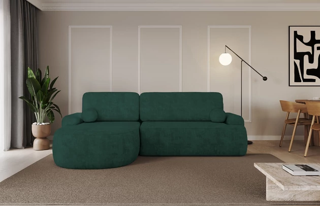 Bezug: Samt, Farbe: Grün - Dream Velvet 202.31, Stellvariante: Ottomane Links, Stoffbeschreibung: Polsterstoff Dream Velvet: Wasserabweisender und leicht zu reinigender Möbelstoff, scheuerfest (30.000 Martindale-Zyklen) lichtecht(6), pillingarm(4-5), 100 % PES, 360 g/m2±5%, Materialzusammensetzung: 100% Polyester, Pilling Resistenz: 5, Abriebfestigkeit: 5, Scheuerbeständigkeit: 30000 Martindale-Zyklen, Zimmer: Wohnzimmer, Tiefe: 172 cm, Breite: 264 cm, Höhe: 89 cm, Schlaffunktion: Mit Schlaffunktion, Länge der Schlaffläche: 210 cm, Breite der Schlaffläche: 132-cm, Liegehöhe: 42 cm, Anzahl der Sitzflächen: 3, Sitzfüllung: Wellenfeder + T30-Schaumstoff, Anzahl der Rückenkissen: 2, Art der Rückenkissen: Abnehmabr, Annzahl der Sitzkissen: 2, Anzahl der Zierkissen: 2, Material der Füße: Kunststoff, Höhe der Füße: 2 cm, Farbe der Füße: Schwarz, Breite der Ottomane: 107 cm, Tiefe der Ottomane: 128 cm, Tiefe der Sitzfläche: 57 cm, Sitzhöhe: 42 cm, Art des Stauraumes: Innenfach geschlossen - 1