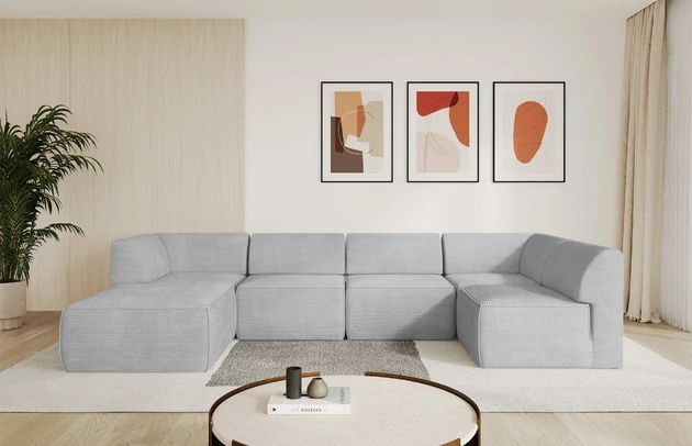 Bezug: Cord, Farbe: Grau - Poso 110, Stellvariante: Ottomane Links, Stoffbeschreibung: POSO ist ein angenehm anzufühlender Velours mit Kordstruktur (35000 MartindaleZyklen) und leicht zu reinigender Möbellstoff, lichtecht (5) und pillingarm (5), Gewicht 380 g/m2 ±5%, Materialzusammensetzung: 100% Polyester, Pilling Resistenz: 5, Abriebfestigkeit: 4, Scheuerbeständigkeit: 30000 Martindale-Zyklen, Zimmer: Wohnzimmer, Tiefe: 180 cm, Breite: 345 cm, Höhe: 78 cm, Anzahl der Sitzflächen: 6, Sitzfüllung: Schaum HR35 20 cm, Art der Rückenkissen: Rückenlehne - feste, Annzahl der Sitzkissen: 5, Material der Füße: Kunststoff, Höhe der Füße: 4 cm, Breite der Ottomane: 106 cm, Tiefe der Ottomane: 156 cm, Tiefe der Sitzfläche: 60 cm, Sitzhöhe: 40 cm - 1