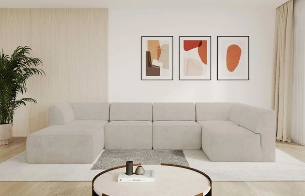 Bezug: Samt, Farbe: Beige - Dream Velvet 202.02, Stellvariante: Ottomane Links, Stoffbeschreibung: Polsterstoff Dream Velvet: Wasserabweisender und leicht zu reinigender Möbelstoff, scheuerfest (30.000 Martindale-Zyklen) lichtecht(6), pillingarm(4-5), 100 % PES, 360 g/m2±5%, Materialzusammensetzung: 100% Polyester, Pilling Resistenz: 5, Abriebfestigkeit: 5, Scheuerbeständigkeit: 30000 Martindale-Zyklen, Zimmer: Wohnzimmer, Tiefe: 180 cm, Breite: 345 cm, Höhe: 78 cm, Anzahl der Sitzflächen: 6, Sitzfüllung: Schaum HR35 20 cm, Art der Rückenkissen: Rückenlehne - feste, Annzahl der Sitzkissen: 5, Material der Füße: Kunststoff, Höhe der Füße: 4 cm, Breite der Ottomane: 106 cm, Tiefe der Ottomane: 156 cm, Tiefe der Sitzfläche: 60 cm, Sitzhöhe: 40 cm - 1