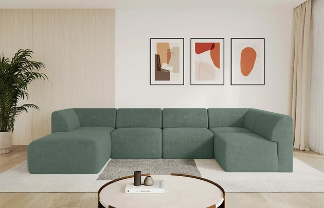 Bezug: Kunstfell, Farbe: Salbeigrün - Lapitt 77, Stellvariante: Ottomane Links, Stoffbeschreibung: Polsterstoff LAPITT: besonders weicher und dichter Stoff von hoher Qualität, Zusammensetzung 100%PES, scheuerfest (60000 Zyklen), Gewicht von 315 g/m2 ± 5% ,Reibungswiderstand 4–5, Materialzusammensetzung: 100% Polyester, Pilling Resistenz: 4, Abriebfestigkeit: 5, Scheuerbeständigkeit: 60000 Martindale-Zyklen, Zimmer: Wohnzimmer, Tiefe: 180 cm, Breite: 345 cm, Höhe: 78 cm, Anzahl der Sitzflächen: 6, Sitzfüllung: Schaum HR35 20 cm, Art der Rückenkissen: Rückenlehne - feste, Annzahl der Sitzkissen: 5, Material der Füße: Kunststoff, Höhe der Füße: 4 cm, Breite der Ottomane: 106 cm, Tiefe der Ottomane: 156 cm, Tiefe der Sitzfläche: 60 cm, Sitzhöhe: 40 cm - 1