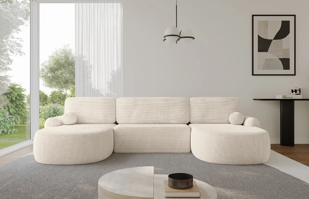 Bezug: Cord, Farbe: Beige - Poso 105, Stellvariante: U-Form, Stoffbeschreibung: POSO ist ein angenehm anzufühlender Velours mit Kordstruktur (35000 MartindaleZyklen) und leicht zu reinigender Möbellstoff, lichtecht (5) und pillingarm (5), Gewicht 380 g/m2 ±5%, Materialzusammensetzung: 100% Polyester, Pilling Resistenz: 5, Abriebfestigkeit: 4, Scheuerbeständigkeit: 30000 Martindale-Zyklen, Zimmer: Wohnzimmer, Tiefe: 172 cm, Breite: 335 cm, Höhe: 89 cm, Schlaffunktion: Mit Schlaffunktion, Länge der Schlaffläche: 299 cm, Breite der Schlaffläche: 132-cm, Liegehöhe: 42 cm, Anzahl der Sitzflächen: 3, Sitzfüllung: Wellenfeder + T30-Schaumstoff, Anzahl der Rückenkissen: 3, Art der Rückenkissen: Abnehmabr, Annzahl der Sitzkissen: 3, Anzahl der Zierkissen: 2, Material der Füße: Kunststoff, Höhe der Füße: 2 cm, Farbe der Füße: Schwarz, Breite der Ottomane: 107 cm, Tiefe der Ottomane: 128 cm, Tiefe der Sitzfläche: 57 cm, Sitzhöhe: 42 cm, Art des Stauraumes: Innenfach geschlossen - 1