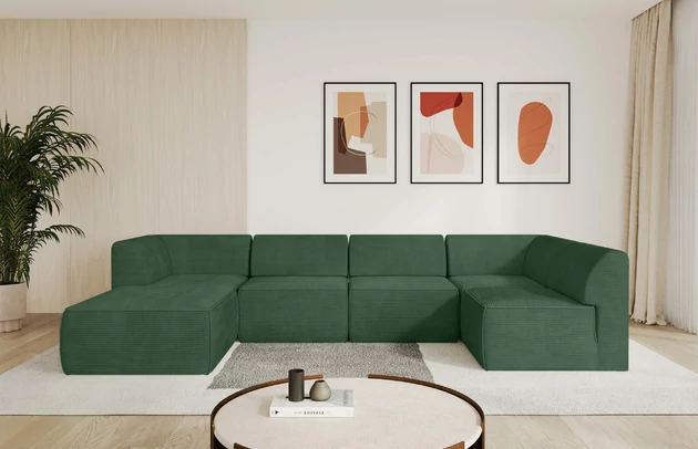 Bezug: Cord, Farbe: Grün - Poso 14, Stellvariante: Ottomane Links, Stoffbeschreibung: POSO ist ein angenehm anzufühlender Velours mit Kordstruktur (35000 MartindaleZyklen) und leicht zu reinigender Möbellstoff, lichtecht (5) und pillingarm (5), Gewicht 380 g/m2 ±5%, Materialzusammensetzung: 100% Polyester, Pilling Resistenz: 5, Abriebfestigkeit: 4, Scheuerbeständigkeit: 30000 Martindale-Zyklen, Zimmer: Wohnzimmer, Tiefe: 180 cm, Breite: 345 cm, Höhe: 78 cm, Anzahl der Sitzflächen: 6, Sitzfüllung: Schaum HR35 20 cm, Art der Rückenkissen: Rückenlehne - feste, Annzahl der Sitzkissen: 5, Material der Füße: Kunststoff, Höhe der Füße: 4 cm, Breite der Ottomane: 106 cm, Tiefe der Ottomane: 156 cm, Tiefe der Sitzfläche: 60 cm, Sitzhöhe: 40 cm - 1