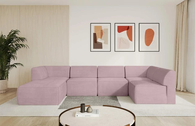 Bezug: Cord, Farbe: Rosa - Poso 145, Stellvariante: Ottomane Links, Stoffbeschreibung: POSO ist ein angenehm anzufühlender Velours mit Kordstruktur (35000 MartindaleZyklen) und leicht zu reinigender Möbellstoff, lichtecht (5) und pillingarm (5), Gewicht 380 g/m2 ±5%, Materialzusammensetzung: 100% Polyester, Pilling Resistenz: 5, Abriebfestigkeit: 4, Scheuerbeständigkeit: 30000 Martindale-Zyklen, Zimmer: Wohnzimmer, Tiefe: 180 cm, Breite: 345 cm, Höhe: 78 cm, Anzahl der Sitzflächen: 6, Sitzfüllung: Schaum HR35 20 cm, Art der Rückenkissen: Rückenlehne - feste, Annzahl der Sitzkissen: 5, Material der Füße: Kunststoff, Höhe der Füße: 4 cm, Breite der Ottomane: 106 cm, Tiefe der Ottomane: 156 cm, Tiefe der Sitzfläche: 60 cm, Sitzhöhe: 40 cm - 1