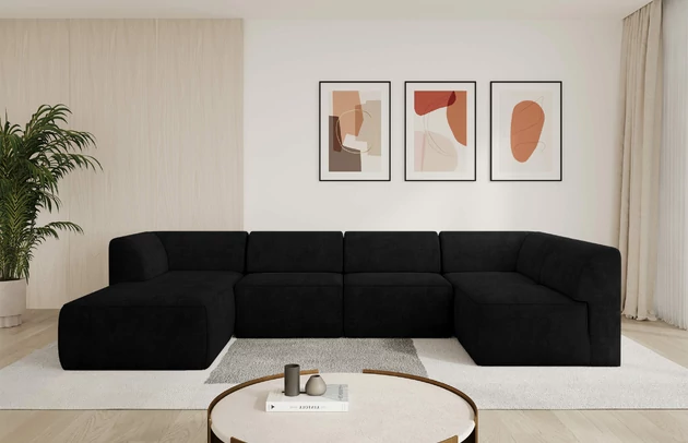 Bezug: Samt, Farbe: Schwarz - Dream Velvet 202.12, Stellvariante: Ottomane Links, Stoffbeschreibung: Polsterstoff Dream Velvet: Wasserabweisender und leicht zu reinigender Möbelstoff, scheuerfest (30.000 Martindale-Zyklen) lichtecht(6), pillingarm(4-5), 100 % PES, 360 g/m2±5%, Materialzusammensetzung: 100% Polyester, Pilling Resistenz: 5, Abriebfestigkeit: 5, Scheuerbeständigkeit: 30000 Martindale-Zyklen, Zimmer: Wohnzimmer, Tiefe: 180 cm, Breite: 345 cm, Höhe: 78 cm, Anzahl der Sitzflächen: 6, Sitzfüllung: Schaum HR35 20 cm, Art der Rückenkissen: Rückenlehne - feste, Annzahl der Sitzkissen: 5, Material der Füße: Kunststoff, Höhe der Füße: 4 cm, Breite der Ottomane: 106 cm, Tiefe der Ottomane: 156 cm, Tiefe der Sitzfläche: 60 cm, Sitzhöhe: 40 cm - 1