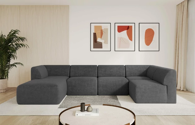 Bezug: Kunstfell, Farbe: Grafitgrau - Lapitt 16, Stellvariante: Ottomane Links, Stoffbeschreibung: Polsterstoff LAPITT: besonders weicher und dichter Stoff von hoher Qualität, Zusammensetzung 100%PES, scheuerfest (60000 Zyklen), Gewicht von 315 g/m2 ± 5% ,Reibungswiderstand 4–5, Materialzusammensetzung: 100% Polyester, Pilling Resistenz: 4, Abriebfestigkeit: 5, Scheuerbeständigkeit: 60000 Martindale-Zyklen, Zimmer: Wohnzimmer, Tiefe: 180 cm, Breite: 345 cm, Höhe: 78 cm, Anzahl der Sitzflächen: 6, Sitzfüllung: Schaum HR35 20 cm, Art der Rückenkissen: Rückenlehne - feste, Annzahl der Sitzkissen: 5, Material der Füße: Kunststoff, Höhe der Füße: 4 cm, Breite der Ottomane: 106 cm, Tiefe der Ottomane: 156 cm, Tiefe der Sitzfläche: 60 cm, Sitzhöhe: 40 cm - 1