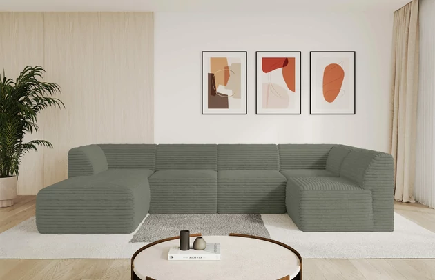 Bezug: Cord, Farbe: Olivgrün - Tilia 37, Stellvariante: Ottomane Links, Stoffbeschreibung: Polsterstoff Cord: angenehma Polsterstoff mit Kordstruktur (90-100 000 Martindale-Zyklen) und leicht zu reinigender Möbellstoff, pillingarm (4-5), aus 100%PES, 420 g/m2 ±5 %, Materialzusammensetzung: 100% Polyester, Pilling Resistenz: 4, Abriebfestigkeit: 5, Scheuerbeständigkeit: 100000 Martindale-Zyklen, Zimmer: Wohnzimmer, Tiefe: 180 cm, Breite: 345 cm, Höhe: 78 cm, Anzahl der Sitzflächen: 6, Sitzfüllung: Schaum HR35 20 cm, Art der Rückenkissen: Rückenlehne - feste, Annzahl der Sitzkissen: 5, Material der Füße: Kunststoff, Höhe der Füße: 4 cm, Breite der Ottomane: 106 cm, Tiefe der Ottomane: 156 cm, Tiefe der Sitzfläche: 60 cm, Sitzhöhe: 40 cm - 1