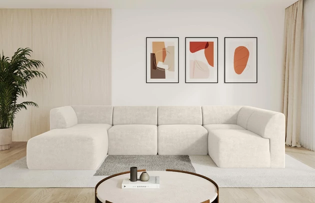 Bezug: Kunstfell, Farbe: Hellbeige - Lapitt 23, Stellvariante: Ottomane Links, Stoffbeschreibung: Polsterstoff LAPITT: besonders weicher und dichter Stoff von hoher Qualität, Zusammensetzung 100%PES, scheuerfest (60000 Zyklen), Gewicht von 315 g/m2 ± 5% ,Reibungswiderstand 4–5, Materialzusammensetzung: 100% Polyester, Pilling Resistenz: 4, Abriebfestigkeit: 5, Scheuerbeständigkeit: 60000 Martindale-Zyklen, Zimmer: Wohnzimmer, Tiefe: 180 cm, Breite: 345 cm, Höhe: 78 cm, Anzahl der Sitzflächen: 6, Sitzfüllung: Schaum HR35 20 cm, Art der Rückenkissen: Rückenlehne - feste, Annzahl der Sitzkissen: 5, Material der Füße: Kunststoff, Höhe der Füße: 4 cm, Breite der Ottomane: 106 cm, Tiefe der Ottomane: 156 cm, Tiefe der Sitzfläche: 60 cm, Sitzhöhe: 40 cm - 1