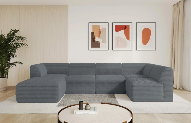 Bezug: Cord, Farbe: Dunkelgrau - Tilia 90, Stellvariante: Ottomane Links, Stoffbeschreibung: Polsterstoff Cord: angenehma Polsterstoff mit Kordstruktur (90-100 000 Martindale-Zyklen) und leicht zu reinigender Möbellstoff, pillingarm (4-5), aus 100%PES, 420 g/m2 ±5 %, Materialzusammensetzung: 100% Polyester, Pilling Resistenz: 4, Abriebfestigkeit: 5, Scheuerbeständigkeit: 100000 Martindale-Zyklen, Zimmer: Wohnzimmer, Tiefe: 180 cm, Breite: 345 cm, Höhe: 78 cm, Anzahl der Sitzflächen: 6, Sitzfüllung: Schaum HR35 20 cm, Art der Rückenkissen: Rückenlehne - feste, Annzahl der Sitzkissen: 5, Material der Füße: Kunststoff, Höhe der Füße: 4 cm, Breite der Ottomane: 106 cm, Tiefe der Ottomane: 156 cm, Tiefe der Sitzfläche: 60 cm, Sitzhöhe: 40 cm - 1