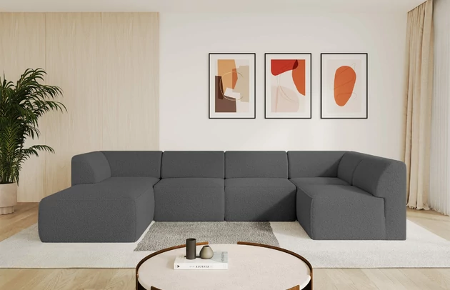 Bezug: Bouclé, Farbe: Grau - Quelle 92, Stellvariante: Ottomane Links, Stoffbeschreibung: polsterstoff-quelle-hochwertiger-boucle-stoff-strapazierfahig-atmungsaktiv-und-pflegeleicht-80-000-martindale-zyklen-100-pes-pillingarm4-5-gewicht-315-g-m2-±5, Materialzusammensetzung: 100% Polyester, Pilling Resistenz: 5, Abriebfestigkeit: 4, Scheuerbeständigkeit: 80000 Martindale-Zyklen, Zimmer: Wohnzimmer, Tiefe: 180 cm, Breite: 345 cm, Höhe: 78 cm, Anzahl der Sitzflächen: 6, Sitzfüllung: Schaum HR35 20 cm, Art der Rückenkissen: Rückenlehne - feste, Annzahl der Sitzkissen: 5, Material der Füße: Kunststoff, Höhe der Füße: 4 cm, Breite der Ottomane: 106 cm, Tiefe der Ottomane: 156 cm, Tiefe der Sitzfläche: 60 cm, Sitzhöhe: 40 cm - 1