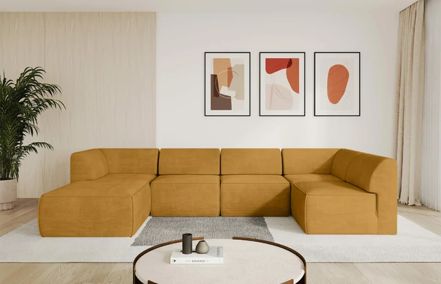 Bezug: Cord, Farbe: Senfgelb - Poso 42, Stellvariante: Ottomane Links, Stoffbeschreibung: POSO ist ein angenehm anzufühlender Velours mit Kordstruktur (35000 MartindaleZyklen) und leicht zu reinigender Möbellstoff, lichtecht (5) und pillingarm (5), Gewicht 380 g/m2 ±5%, Materialzusammensetzung: 100% Polyester, Pilling Resistenz: 5, Abriebfestigkeit: 4, Scheuerbeständigkeit: 30000 Martindale-Zyklen, Zimmer: Wohnzimmer, Tiefe: 180 cm, Breite: 345 cm, Höhe: 78 cm, Anzahl der Sitzflächen: 6, Sitzfüllung: Schaum HR35 20 cm, Art der Rückenkissen: Rückenlehne - feste, Annzahl der Sitzkissen: 5, Material der Füße: Kunststoff, Höhe der Füße: 4 cm, Breite der Ottomane: 106 cm, Tiefe der Ottomane: 156 cm, Tiefe der Sitzfläche: 60 cm, Sitzhöhe: 40 cm - 1