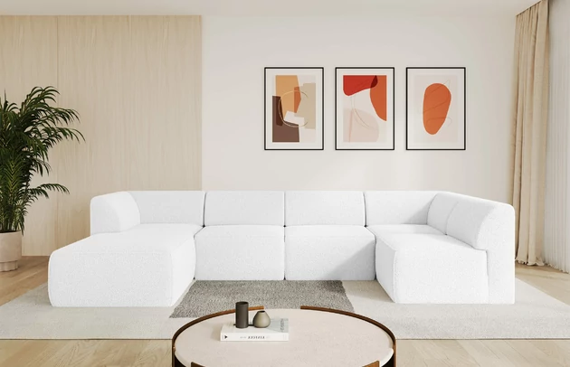 Bezug: Bouclé, Farbe: Weiß - Quelle 01, Stellvariante: Ottomane Links, Stoffbeschreibung: polsterstoff-quelle-hochwertiger-boucle-stoff-strapazierfahig-atmungsaktiv-und-pflegeleicht-80-000-martindale-zyklen-100-pes-pillingarm4-5-gewicht-315-g-m2-±5, Materialzusammensetzung: 100% Polyester, Pilling Resistenz: 5, Abriebfestigkeit: 4, Scheuerbeständigkeit: 80000 Martindale-Zyklen, Zimmer: Wohnzimmer, Tiefe: 180 cm, Breite: 345 cm, Höhe: 78 cm, Anzahl der Sitzflächen: 6, Sitzfüllung: Schaum HR35 20 cm, Art der Rückenkissen: Rückenlehne - feste, Annzahl der Sitzkissen: 5, Material der Füße: Kunststoff, Höhe der Füße: 4 cm, Breite der Ottomane: 106 cm, Tiefe der Ottomane: 156 cm, Tiefe der Sitzfläche: 60 cm, Sitzhöhe: 40 cm - 1