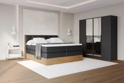 Aranżacja łóżko LOLLI czarna skóra i czarna szafa LESE