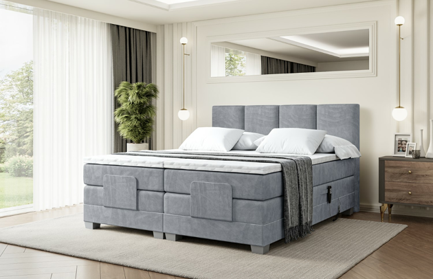 Bezug: Samt, Farbe: Grau - Casablanca 2314, Stoffbeschreibung: Polsterstoff Casablanca: „Pet-friendly“, leicht zu reinigen (CleanBOO+), wasserabweisend mit Lotuseffekt, scheuerfest (45.000 Martindale- Zyklen), Gewicht 310g/m2 ±5 %, Zimmer: Schlafzimmer, Länge: 210 cm, Breite: 207 cm, Höhe: 115 cm, Größe: 200x200 cm, Länge der Schlaffläche: 200 cm, Breite der Schlaffläche: 200 cm, Liegehöhe: 70 cm, Härtegrad der Matratze: H4, Höhe der Matratze: 38 cm, Matratze: Multipocketfederung, Farbe des Toppers: Weiß, Höhe des Toppers: 4 cm, Material des Toppers: Schaumstoff, Höhe des Kopfteils: 115 cm, Höhe der Füße: 8 cm, Dicke des Kopfteils: 10 cm, Gepolsterte Rückseite: Nein - 1