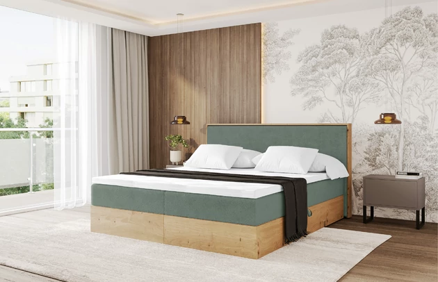 Bezug: Kunstfell, Farbe: Salbeigrün - Lapitt 77, Stoffbeschreibung: Polsterstoff LAPITT: besonders weicher und dichter Stoff von hoher Qualität, Zusammensetzung 100%PES, scheuerfest (60000), Gewicht von 315 g/m2 ± 5% ,Reibungswiderstand 4–5., Zimmer: Schlafzimmer, Länge: 210 cm, Breite: 129 cm, Höhe: 104 cm, Größe: 120x200 cm, Länge der Schlaffläche: 200 cm, Breite der Schlaffläche: 120 cm, Liegehöhe: 51 cm, Härtegrad der Matratze: H3, Höhe der Matratze: 20 cm, Matratze: Bonellfederung, Farbe des Toppers: Weiß, Höhe des Toppers: 4 cm, Material des Toppers: Schaumstoff, Bettkasten: Ja, Anzahl der Bettkasten: 2, Höhe der Bettkasten: 25 cm, Höhe des Kopfteils: 104 cm, Material der Füße: Plastik, Höhe der Füße: 2 cm, Dicke des Kopfteils: 10 cm, Gepolsterte Rückseite: Nein - 1