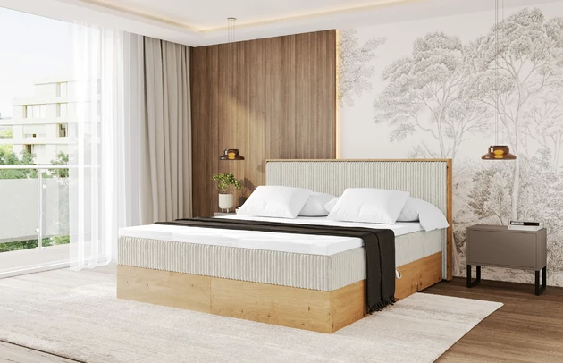 Bezug: Cord, Farbe: Creme - Tilia 01, Stoffbeschreibung: Polsterstoff Tilia: angenehma Polsterstoff mit Kordstruktur (90-100 000 Martindale-Zyklen) und leicht zu reinigender Möbellstoff, pillingarm (4-5), aus 100%PES, 420 g/m2 ±5 %, Zimmer: Schlafzimmer, Länge: 210 cm, Breite: 129 cm, Höhe: 104 cm, Größe: 120x200 cm, Länge der Schlaffläche: 200 cm, Breite der Schlaffläche: 120 cm, Liegehöhe: 51 cm, Härtegrad der Matratze: H3, Höhe der Matratze: 20 cm, Matratze: Bonellfederung, Farbe des Toppers: Weiß, Höhe des Toppers: 4 cm, Material des Toppers: Schaumstoff, Bettkasten: Ja, Anzahl der Bettkasten: 2, Höhe der Bettkasten: 25 cm, Höhe des Kopfteils: 104 cm, Material der Füße: Plastik, Höhe der Füße: 2 cm, Dicke des Kopfteils: 10 cm, Gepolsterte Rückseite: Nein - 1