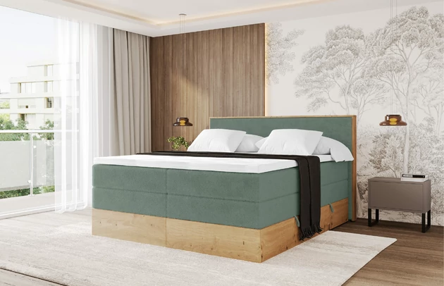 Bezug: Kunstfell, Farbe: Salbeigrün - Lapitt 77, Stoffbeschreibung: Polsterstoff LAPITT: besonders weicher und dichter Stoff von hoher Qualität, Zusammensetzung 100%PES, scheuerfest (60000), Gewicht von 315 g/m2 ± 5% ,Reibungswiderstand 4–5., Zimmer: Schlafzimmer, Länge: 210 cm, Breite: 131 cm, Höhe: 115 cm, Größe: 120x200 cm, Länge der Schlaffläche: 200 cm, Breite der Schlaffläche: 120 cm, Liegehöhe: 75 cm, Härtegrad der Matratze: H3 und H4, Höhe der Matratze: 43 cm, Matratze: Multipocketfederung und Bonellfederung, Farbe des Toppers: Weiß, Höhe des Toppers: 5 cm, Material des Toppers: Schaumstoff, Bettkasten: Ja, Anzahl der Bettkasten: 2, Höhe der Bettkasten: 25 cm, Höhe des Kopfteils: 115 cm, Material der Füße: Plastik, Höhe der Füße: 2 cm, Dicke des Kopfteils: 10 cm, Gepolsterte Rückseite: Nein - 1