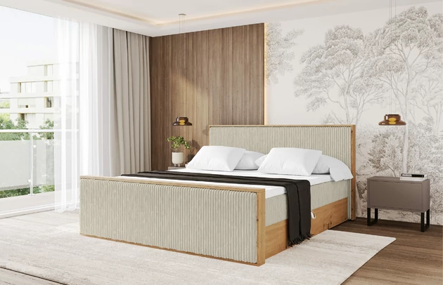 Bezug: Cord, Farbe: Creme - Tilia 03, Stoffbeschreibung: Polsterstoff Tilia: angenehma Polsterstoff mit Kordstruktur (90-100 000 Martindale-Zyklen) und leicht zu reinigender Möbellstoff, pillingarm (4-5), aus 100%PES, 420 g/m2 ±5 %, Zimmer: Schlafzimmer, Länge: 217 cm, Breite: 211 cm, Höhe: 105 cm, Größe: 200x200 cm, Länge der Schlaffläche: 200 cm, Breite der Schlaffläche: 200 cm, Liegehöhe: 52 cm, Härtegrad der Matratze: H3, Höhe der Matratze: 20 cm, Matratze: Bonellfederung, Farbe des Toppers: Weiß, Höhe des Toppers: 5 cm, Material des Toppers: Schaumstoff, Bettkasten: Ja, Anzahl der Bettkasten: 2, Höhe der Bettkasten: 25 cm, Höhe des Kopfteils: 105 cm, Material der Füße: Plastik, Höhe der Füße: 2 cm, Dicke des Kopfteils: 10 cm, Dicke des Fußteils: 7 cm, Gepolsterte Rückseite: Nein - 1