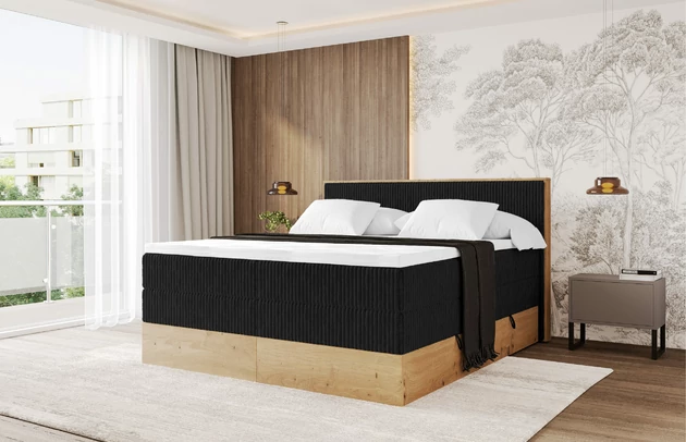 Bezug: Cord, Farbe: Schwarz - Tilia 100, Stoffbeschreibung: Polsterstoff Tilia: angenehma Polsterstoff mit Kordstruktur (90-100 000 Martindale-Zyklen) und leicht zu reinigender Möbellstoff, pillingarm (4-5), aus 100%PES, 420 g/m2 ±5 %, Zimmer: Schlafzimmer, Länge: 210 cm, Breite: 151 cm, Höhe: 115 cm, Größe: 140x200 cm, Länge der Schlaffläche: 200 cm, Breite der Schlaffläche: 140 cm, Liegehöhe: 75 cm, Härtegrad der Matratze: H3 und H4, Höhe der Matratze: 43 cm, Matratze: Multipocketfederung und Bonellfederung, Farbe des Toppers: Weiß, Höhe des Toppers: 5 cm, Material des Toppers: Schaumstoff, Bettkasten: Ja, Anzahl der Bettkasten: 2, Höhe der Bettkasten: 25 cm, Höhe des Kopfteils: 115 cm, Material der Füße: Plastik, Höhe der Füße: 2 cm, Dicke des Kopfteils: 10 cm, Gepolsterte Rückseite: Nein - 1