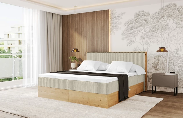 Bezug: Cord, Farbe: Creme - Tilia 03, Stoffbeschreibung: Polsterstoff Tilia: angenehma Polsterstoff mit Kordstruktur (90-100 000 Martindale-Zyklen) und leicht zu reinigender Möbellstoff, pillingarm (4-5), aus 100%PES, 420 g/m2 ±5 %, Zimmer: Schlafzimmer, Länge: 210 cm, Breite: 149 cm, Höhe: 104 cm, Größe: 140x200 cm, Länge der Schlaffläche: 200 cm, Breite der Schlaffläche: 140 cm, Liegehöhe: 51 cm, Härtegrad der Matratze: H3, Höhe der Matratze: 20 cm, Matratze: Bonellfederung, Farbe des Toppers: Weiß, Höhe des Toppers: 4 cm, Material des Toppers: Schaumstoff, Bettkasten: Ja, Anzahl der Bettkasten: 2, Höhe der Bettkasten: 25 cm, Höhe des Kopfteils: 104 cm, Material der Füße: Plastik, Höhe der Füße: 2 cm, Dicke des Kopfteils: 10 cm, Gepolsterte Rückseite: Nein - 1