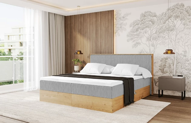 Bezug: Cord, Farbe: Grau - Tilia 86, Stoffbeschreibung: Polsterstoff Tilia: angenehma Polsterstoff mit Kordstruktur (90-100 000 Martindale-Zyklen) und leicht zu reinigender Möbellstoff, pillingarm (4-5), aus 100%PES, 420 g/m2 ±5 %, Zimmer: Schlafzimmer, Länge: 210 cm, Breite: 129 cm, Höhe: 104 cm, Größe: 120x200 cm, Länge der Schlaffläche: 200 cm, Breite der Schlaffläche: 120 cm, Liegehöhe: 51 cm, Härtegrad der Matratze: H3, Höhe der Matratze: 20 cm, Matratze: Bonellfederung, Farbe des Toppers: Weiß, Höhe des Toppers: 4 cm, Material des Toppers: Schaumstoff, Bettkasten: Ja, Anzahl der Bettkasten: 2, Höhe der Bettkasten: 25 cm, Höhe des Kopfteils: 104 cm, Material der Füße: Plastik, Höhe der Füße: 2 cm, Dicke des Kopfteils: 10 cm, Gepolsterte Rückseite: Nein - 1