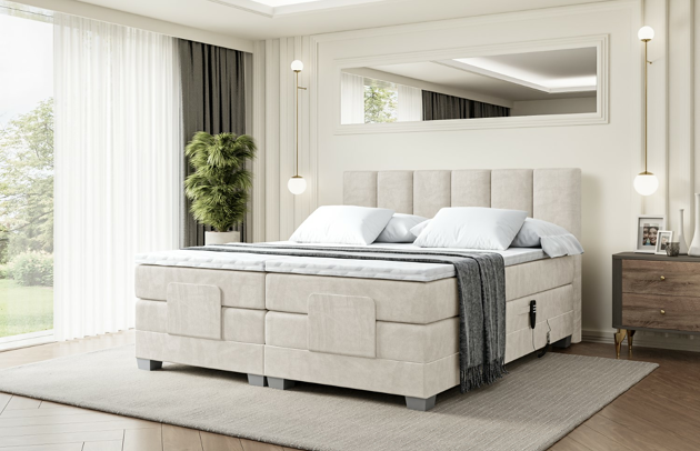 Bezug: Samt, Farbe: Beige - Casablanca 2301, Stoffbeschreibung: Polsterstoff Casablanca: „Pet-friendly“, leicht zu reinigen (CleanBOO+), wasserabweisend mit Lotuseffekt, scheuerfest (45.000 Martindale- Zyklen), Gewicht 310g/m2 ±5 %, Zimmer: Schlafzimmer, Länge: 210 cm, Breite: 147 cm, Höhe: 115 cm, Größe: 140x200 cm, Länge der Schlaffläche: 200 cm, Breite der Schlaffläche: 140 cm, Liegehöhe: 70 cm, Härtegrad der Matratze: H4, Höhe der Matratze: 38 cm, Matratze: Multipocketfederung, Farbe des Toppers: Weiß, Höhe des Toppers: 4 cm, Material des Toppers: Schaumstoff, Höhe des Kopfteils: 115 cm, Höhe der Füße: 8 cm, Dicke des Kopfteils: 10 cm, Gepolsterte Rückseite: Nein - 1