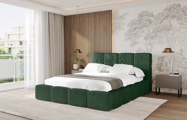 Bezug: Cord, Farbe: Grün - Poso 14, Stoffbeschreibung: POSO ist ein angenehm anzufühlender Velours mit Kordstruktur (35000 MartindaleZyklen) und leicht zu reinigender Möbellstoff, lichtecht (5) und pillingarm (5), Gewicht 380 g/m2 ±5%, Zimmer: Schlafzimmer, Länge: 224 cm, Breite: 148 cm, Höhe: 110 cm, Größe: 120x200 cm, Länge der Schlaffläche: 200 cm, Breite der Schlaffläche: 120 cm, Liegehöhe: 48 cm, Matratze: Mit H3 / H4 Taschenfederkern Matratze, Höhe der Matratze: 25 cm, Matratzentyp: Taschenfederkernmatratze, Bettkasten: Ja, Anzahl der Bettkasten: 1, Höhe der Bettkasten: 33 cm, Höhe des Kopfteils: 110 cm, Gepolsterte Rückseite: Nein - 1